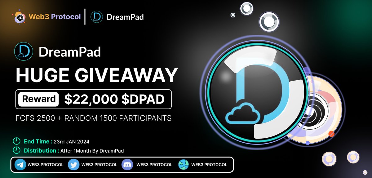 🎉Web3 Protocol X DreamPad Giveaway 

🏆Prize Pool:- $22,000 $DPAD (FCFS &amp; RANDOM)
 To Enter:- 
✔️Follow <a href="/Web3_Protocol/">Web3 Protocol</a> &amp; <a href="/Dreampad_org/">DREAMPAD.ORG</a>
✔️Like and RT 3 friends 
✔️Fill form :- tinyurl.com/4hb5td83

#Airdrop #Airdrops  #Giveaways #Dream_pad #events