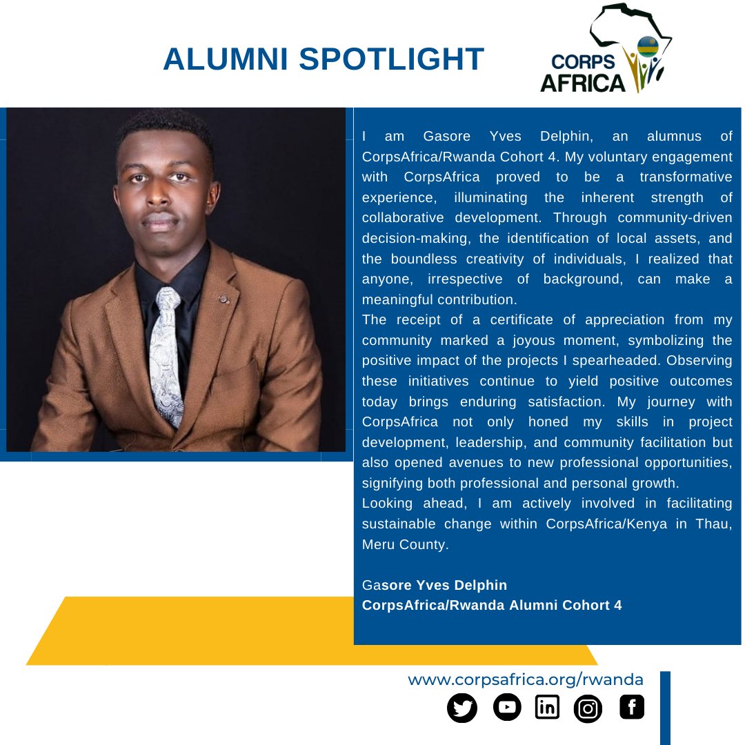 Meet @YvesDelphin3, a @CorpsAfricaRda alumnus from cohort 4. He played a pivotal role in facilitating sustainable change within Gituntu, Mutakara, and Muhoro Villages in @Nyamagabe. His unwavering dedication and passion for community service did not stop there; ...1/2