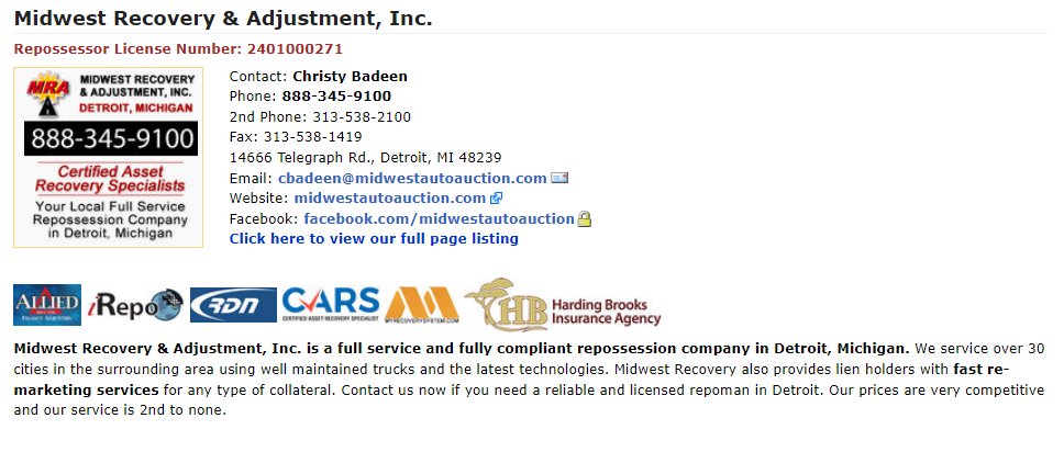 ***MIDWEST RECOVERY AND ADJUSTMENT 888-345-9100***a DETROIT, MICHIGAN-based REPOSSESSION AGENCY doing #autorepossessions #collateralrecovery #skiptracing #locksmithing #impoundrelease #autoauction