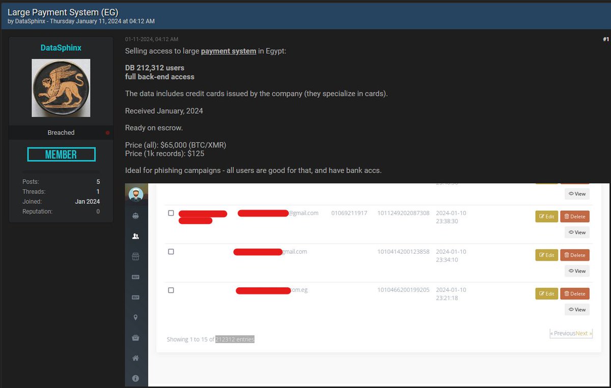 H4ckmanac's tweet photo. 🇪🇬#Egypt: An Egyptian "Large Payment System" has allegedly been compromised, and the data of 212,312 users are being sold for a total of $65,000. 

Additionally, the cybercriminal claims to offer full back-end access and states that bank access is available for all clients.

The analysis to determine which payment system is involved is still ongoing.

#Databreach #CTI #DeepWeb