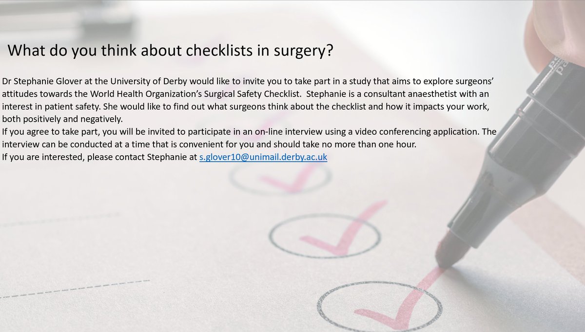Matt Lee (@wannabehawkeye) on Twitter photo Surgeons:
Steph Glover (Anaesthetist) is doing some research around attitudes to the WHO checklist and its implementation. Can you spare 30 mins for an interview on this topic?
Details in picture
#surgicalresearch <a href="/ASiTofficial/">ASiT</a> <a href="/ASGBI_MA/">ASGBI Moynihan Academy</a> <a href="/asgbi/">ASGBI</a> <a href="/ACPGBI/">@ACPGBI</a> <a href="/Dukes_Club/">The Dukes' Club</a> <a href="/roux_group/">The Roux Group</a> Surgeons:
Steph Glover (Anaesthetist) is doing some research around attitudes to the WHO checklist and its implementation. Can you spare 30 mins for an interview on this topic?
Details in picture
#surgicalresearch <a href="/ASiTofficial/">ASiT</a> <a href="/ASGBI_MA/">ASGBI Moynihan Academy</a> <a href="/asgbi/">ASGBI</a> <a href="/ACPGBI/">@ACPGBI</a> <a href="/Dukes_Club/">The Dukes' Club</a> <a href="/roux_group/">The Roux Group</a>