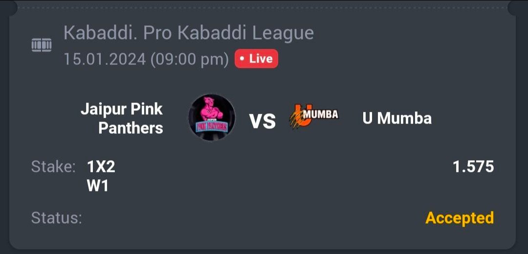 A3RBET's tweet photo. Kabaddi - Pro Kabaddi League

🤼 Jaipur Pink Panthers ML
🔖 1.57
💵 10 Units

#GamblingTwitter #SportsBetting #TeamParieur #SportsBet #Betting #FreePicks #A3RBET #SportsBettor

#ProKabaddi #PKL #Kabaddi #ProKabaddiLeague #PKLSeason10 #10PKL #JPPvMUM #UMumba #Mumba

Like + RT https://t.co/EMOTpr4eeH