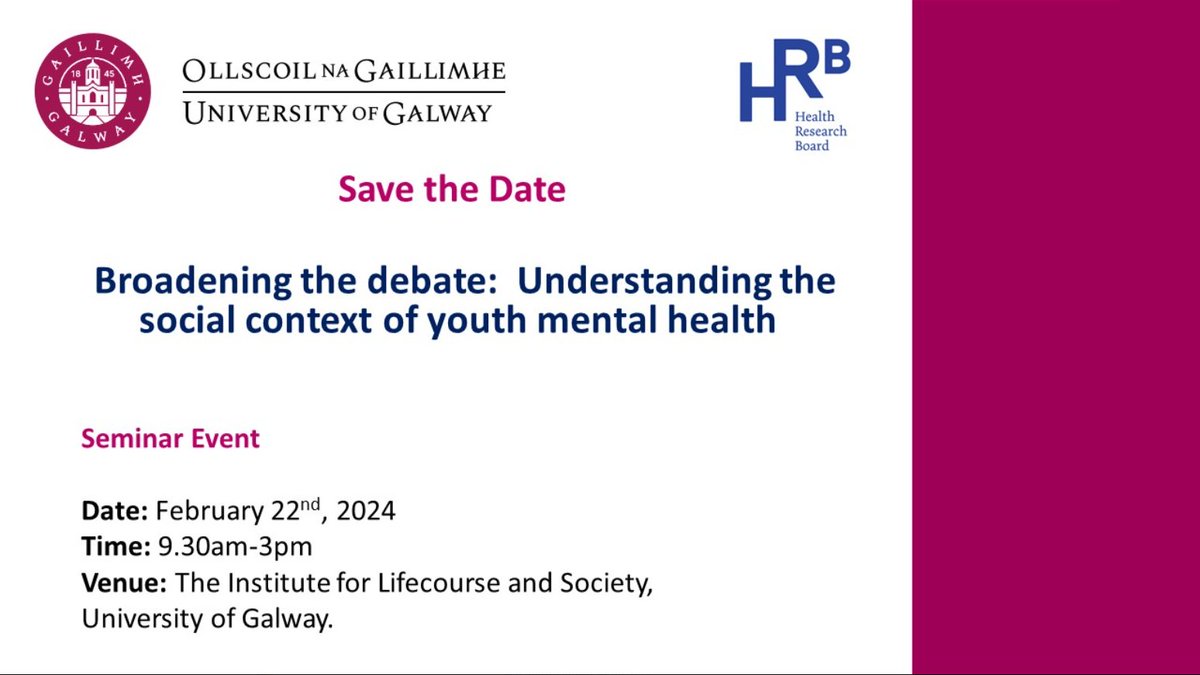 An event hosted by the Inform-YSP research study at the University of Galway. Academics, practitioners and young people will share their insights on how social contexts shape youth mental health and wellbeing. For more details and to register visit: tinyurl.com/338zc759