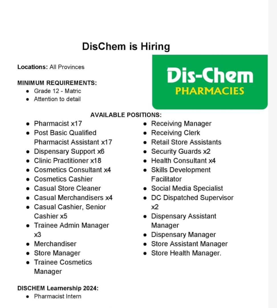 📌Dischem Has Various Job Position For Unemployed People To Start ASAP

Salary: R8,000 to R19,000 per month 
Location: All Provinces 

Requirements:
● Grade 12 
Basic Numeracy
Attention to detail 

You must be hardworking.

Link to Apply: bit.ly/3GDzYgB