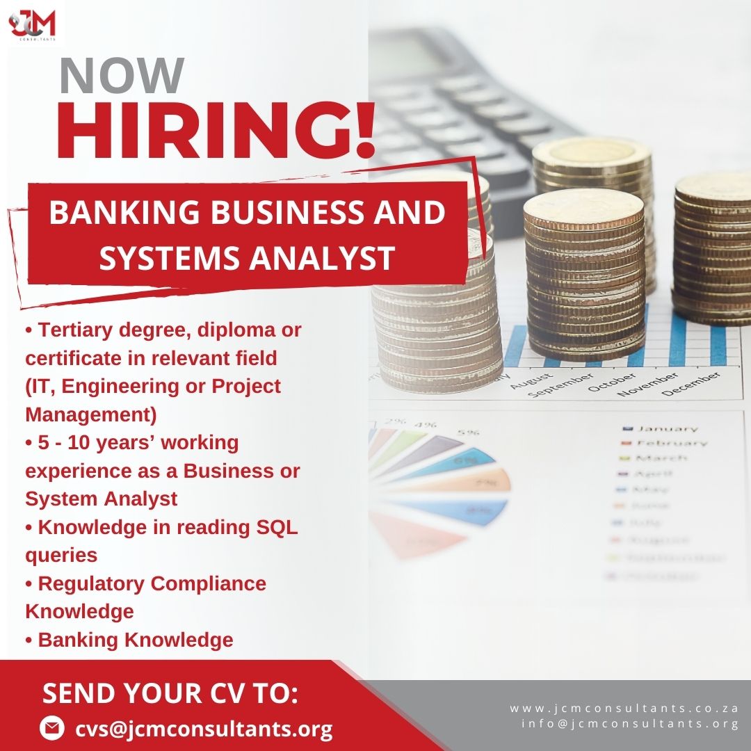 Our client is looking to fill thr position of Banking Business and Systems Analyst.

✅️ Based in Centurion 
✅️ Permanent or Contract position 
✅️ Salary TBD

Please email CV's directly to cvs@jcmconsultants.org 

#BusinessAnalyst #SystemsAnalyst #BankingAnalyst