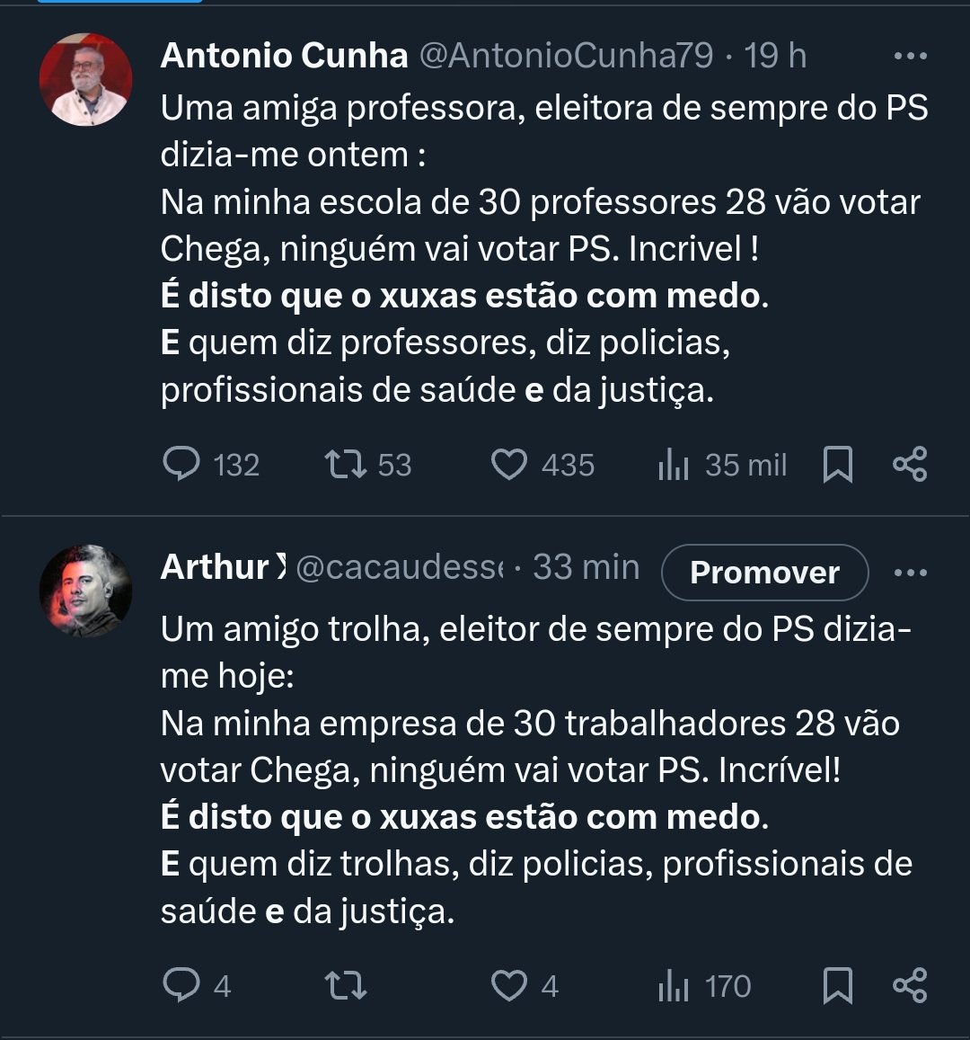 Ventura: "Manda lá uma SMS à empresa dos boots que contratamos para começarem a dizer isto nas redes sociais"
Lacaio: "ok, Grande Líder"
....
Ventura: "Porra pá, podiam ao menos mudar o texto e não só a profissão. Agora vai parecer que foi combinado".