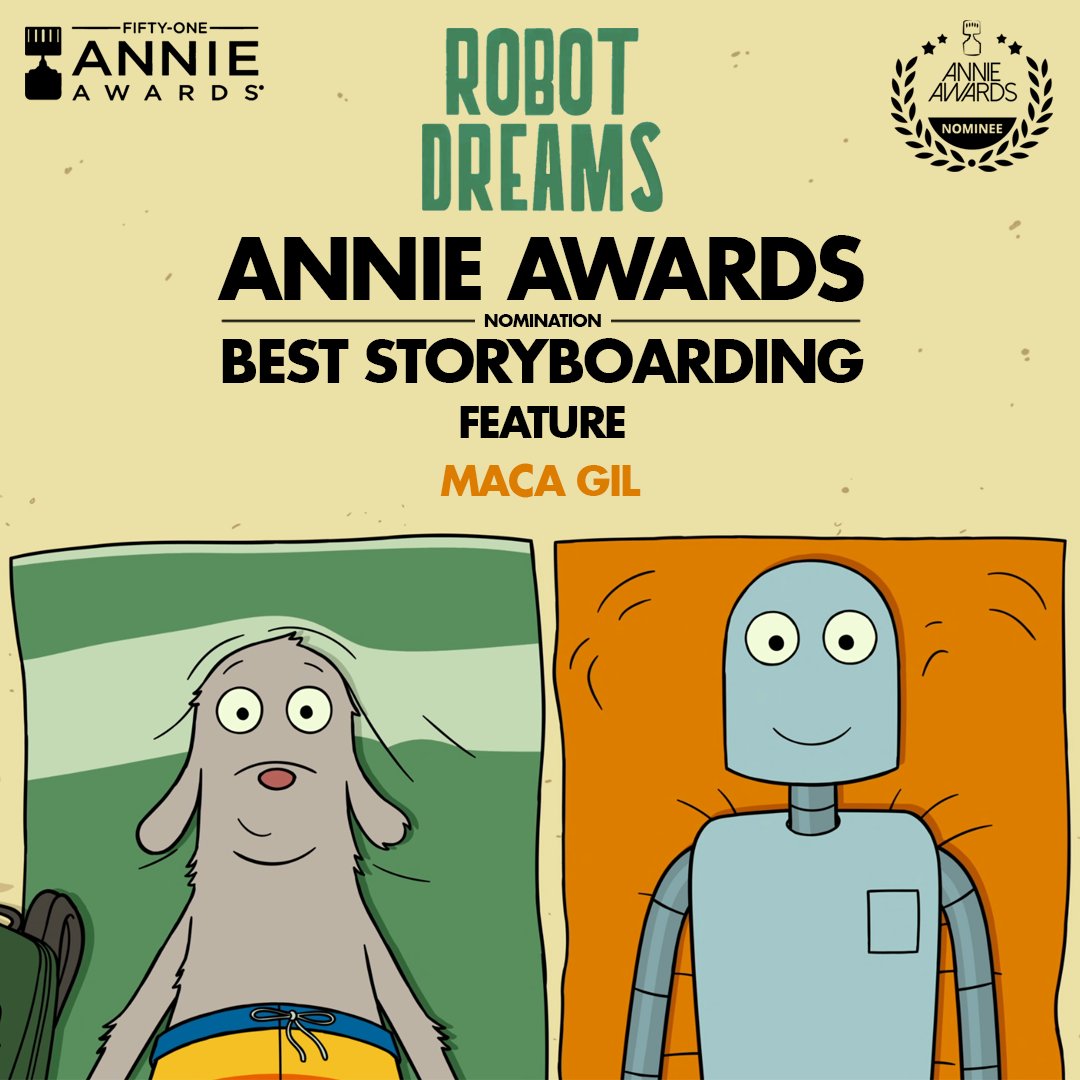 macagilart's tweet photo. I recently got nominated to an Annie Award and I'm still in shock and beyond excited. Robot Dreams got FIVE NOMINATIONS in total, which is groundbreaking for an independent film :') just a testament of how special this film is.
Ágreda and Pablo muchísimas gracias por todo<3 https://t.co/o5GaCs0SEi