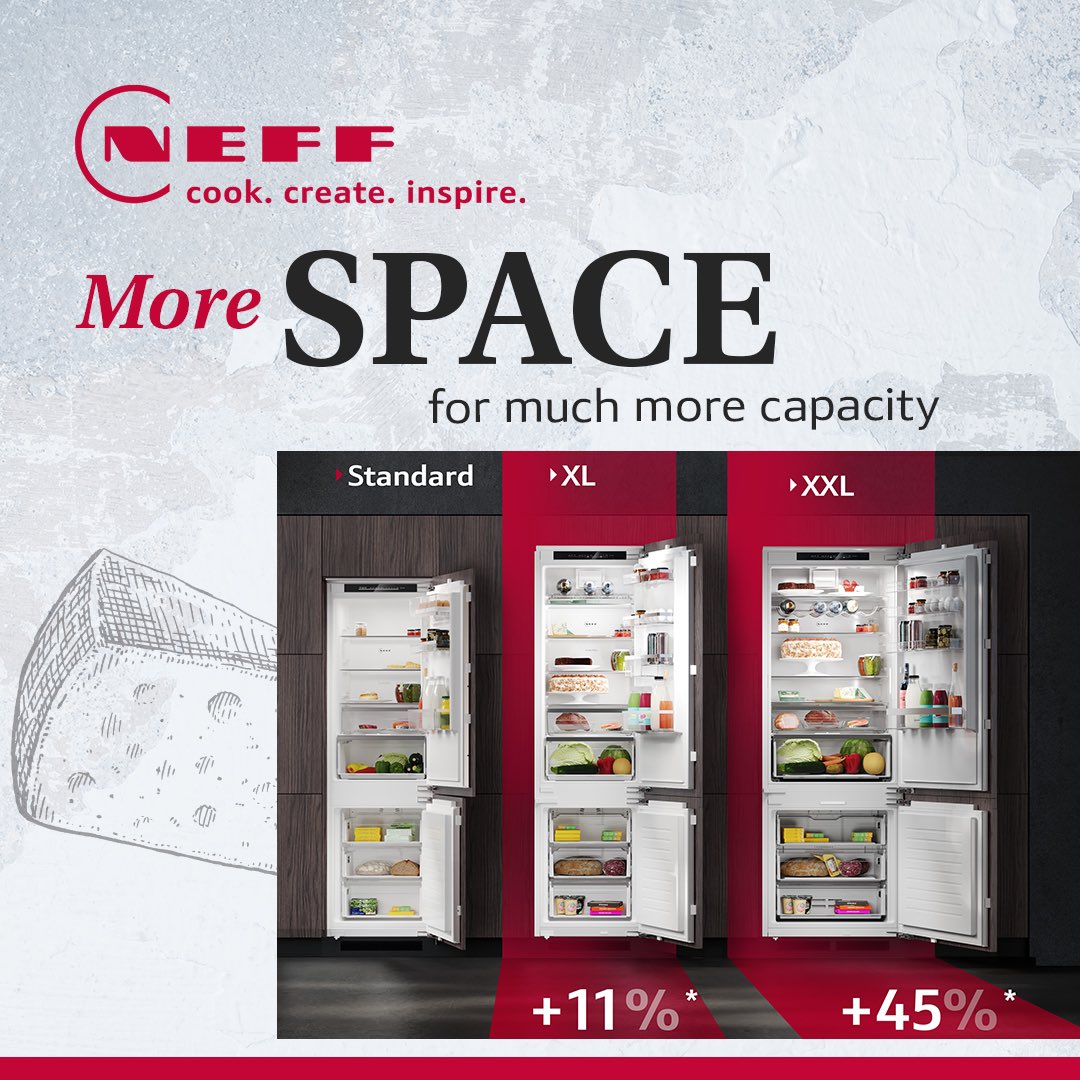 More space means more possibilities when it comes to cooling options🧊

Don’t let anything but your imagination limit you, with NEFF’s new XL and XXL fridge freezers. 

Speak to us here at NowCo to learn more🤝

#NEFFPassion  #nowcokitchens #getintouch #fridgefreezers
