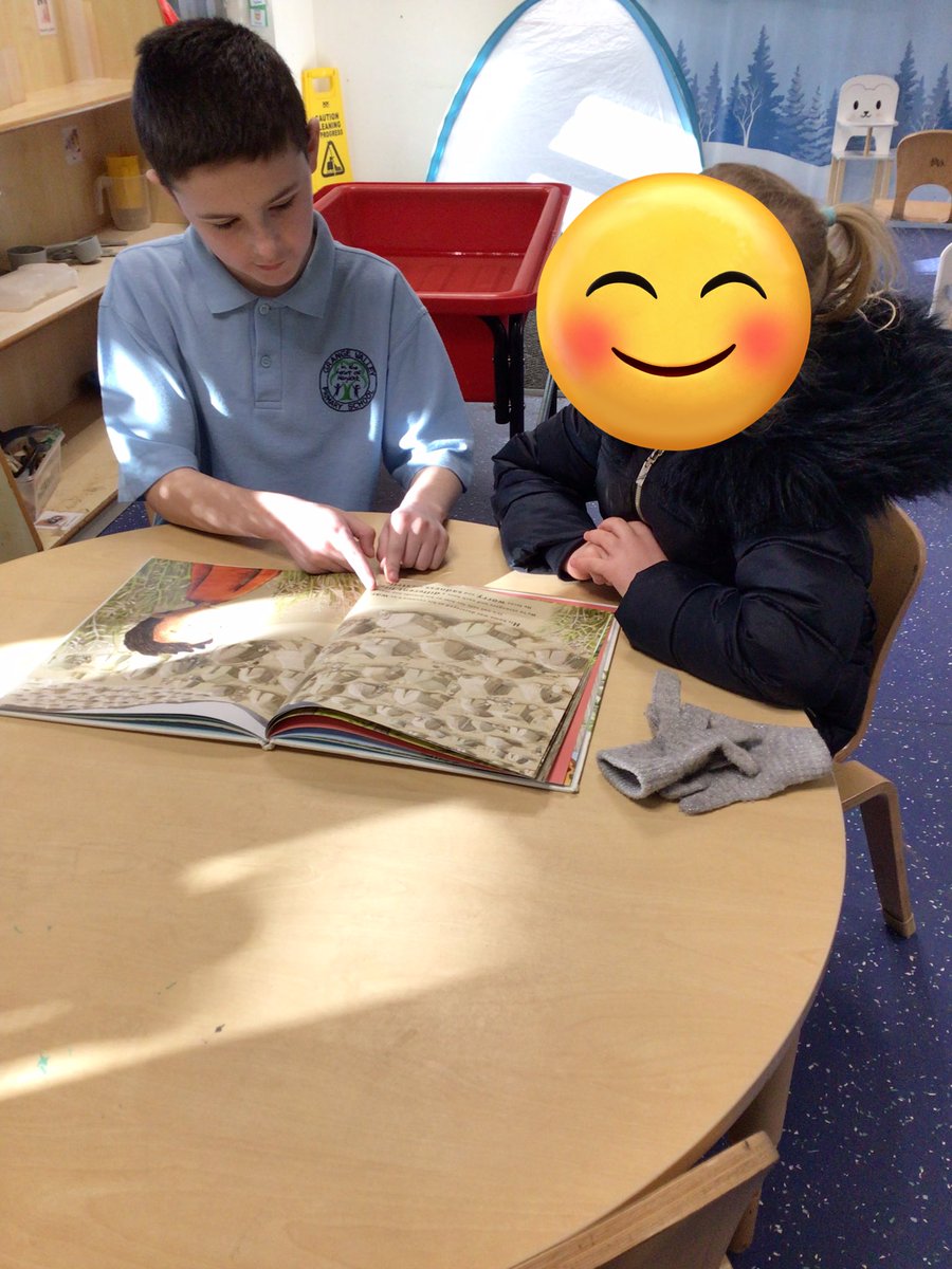 ReceptionGV's tweet photo. We loved reading with some of our Year 6 friends today. They will be coming to Reception every lunch time to enjoy stories with us. 📚📖 #OMARinaction https://t.co/FaZAOvllop