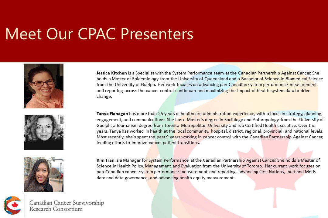 Meet this Friday’s CCSRC Rounds speakers who will be discussing “Improving Cancer Survivorship as Stewards of the Canadian Strategy for Cancer Control”.