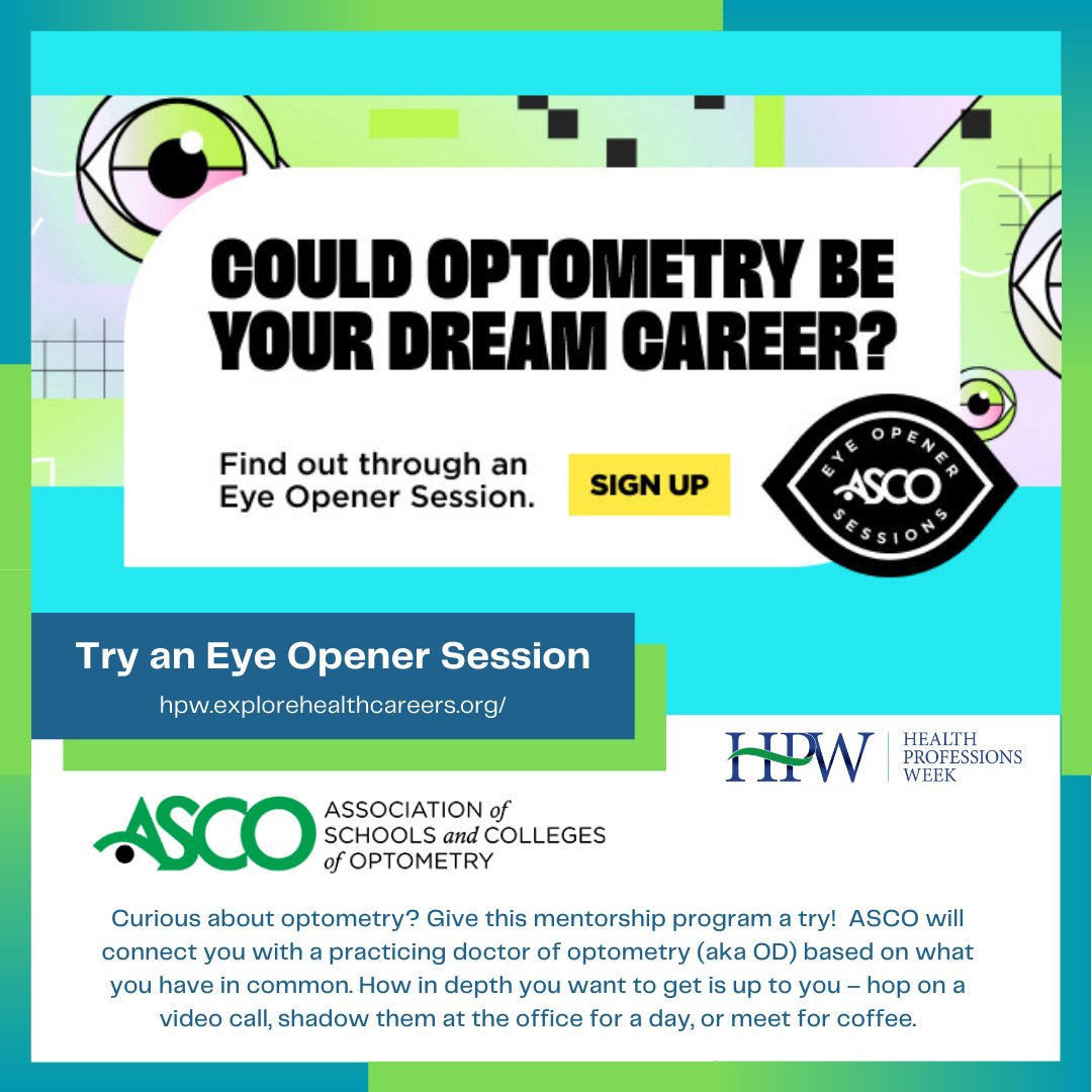 We're excited to share this opportunity with you from our partners at The Association of Schools and Colleges of Optometry: follow @optometriced to get more information on an Eye Opener Session. This is a free service for students.

Visit eyeopenersession.org for more info!