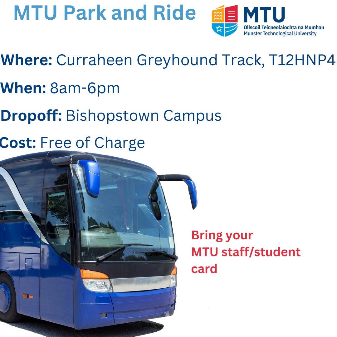 Delighted that we have our Park n’ Ride pilot project up and running for our Bishopstown campus @MTU_ie Open 7.30 am – 6.30pm with buses 8am – 6pm. Full details at: mtu.ie/news/mtu-bisho…