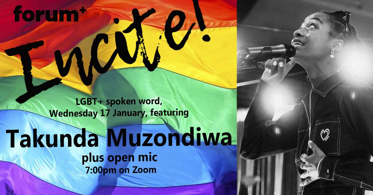 This Wednesday join Incite online!  

🎩Hosted by <a href="/Hannah_Chutzpah/">Hannawe'en 🎃🕸️</a>
🎙️Headline set from Takunda Muzondiwa
🏳️‍🌈Amazing open mic 
🎟️<a href="/incitecabaret/">incitelgbt</a> is FREE to join!

For a link to the forum+ spoken word event email info@forumplus.org.uk &amp; check out facebook.com/events/6913891…