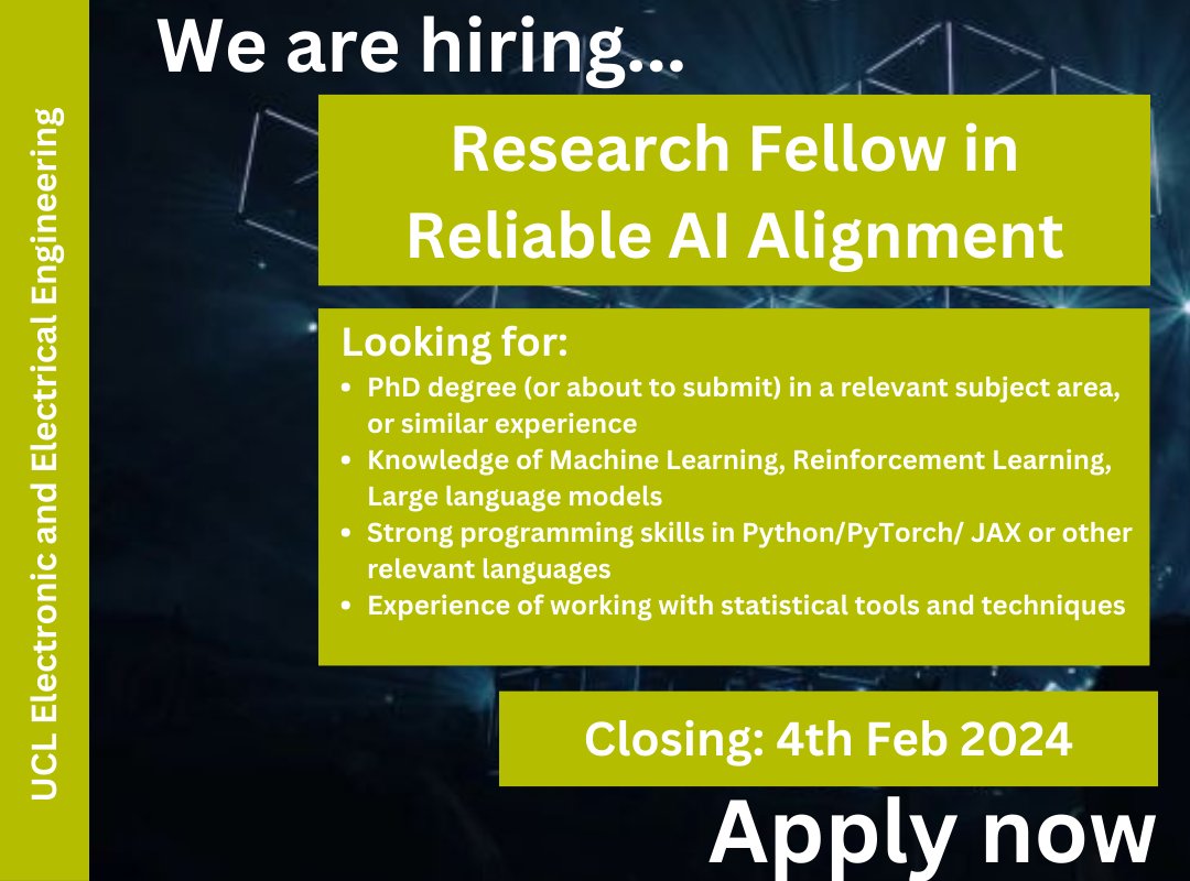 Want to join our team? The deadline for our #ResearchFellow in Reliable #AI Alignment vacancy has been extended: 📅Closing: 4th Feb For more details & apply➡tinyurl.com/5xhv2snd