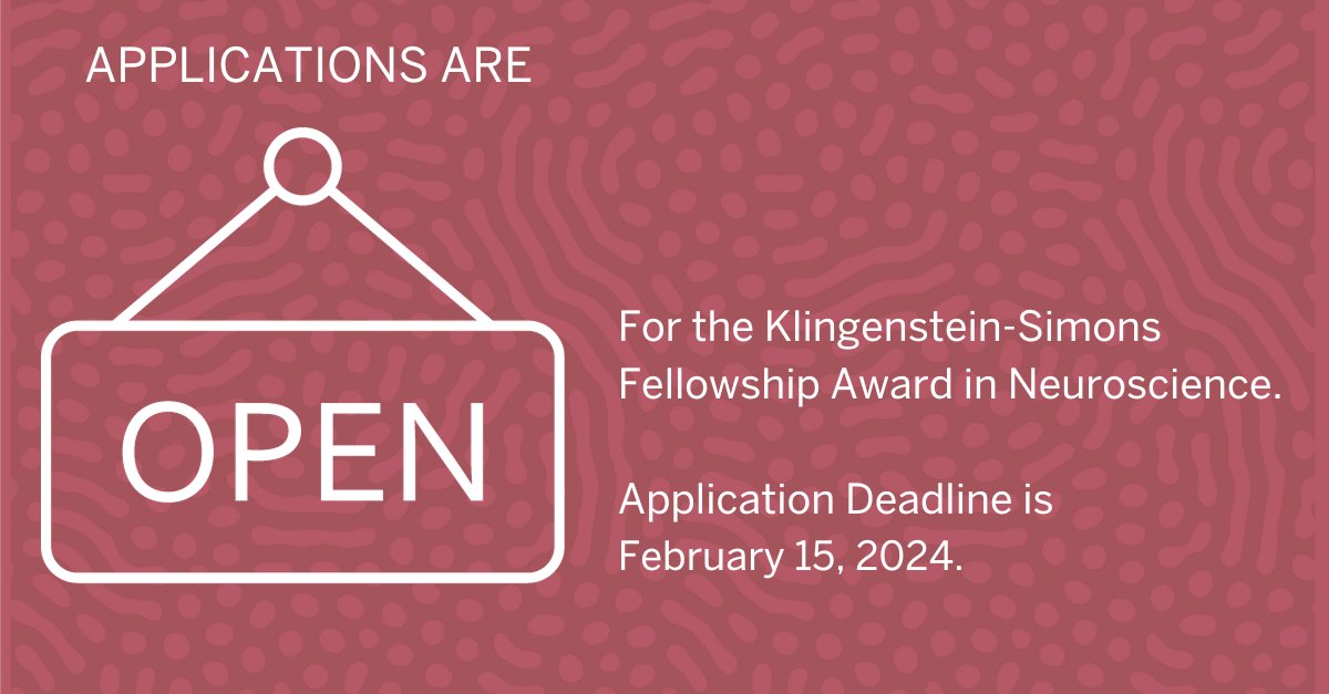 The Esther A. & Joseph Klingenstein Fund and @SimonsFdn announce that applications are being accepted through 2/15/24 for the Klingenstein-Simons Fellowship in Neuroscience. 2024 awardees will receive $100,000/year for 3 years. Apply here: bit.ly/3zQS7ET