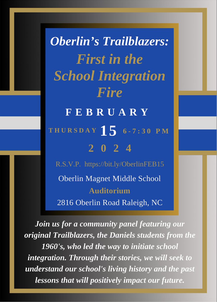 Oberlin Magnet MS (@oberlinmiddle) on Twitter photo Oberlin will host a community event on Feb 15 to hear stories of the original students who integrated Daniels in the 1960s. Oberlin’s jazz band, dance and chorus students will perform. All welcome! RSVP: bit.ly/OberlinFEB15 <a href="/WCPSSEquity/">WCPSS Equity Affairs</a> <a href="/OberlinVillage/">FriendsofOberlinVillage</a> Oberlin will host a community event on Feb 15 to hear stories of the original students who integrated Daniels in the 1960s. Oberlin’s jazz band, dance and chorus students will perform. All welcome! RSVP: bit.ly/OberlinFEB15 <a href="/WCPSSEquity/">WCPSS Equity Affairs</a> <a href="/OberlinVillage/">FriendsofOberlinVillage</a>