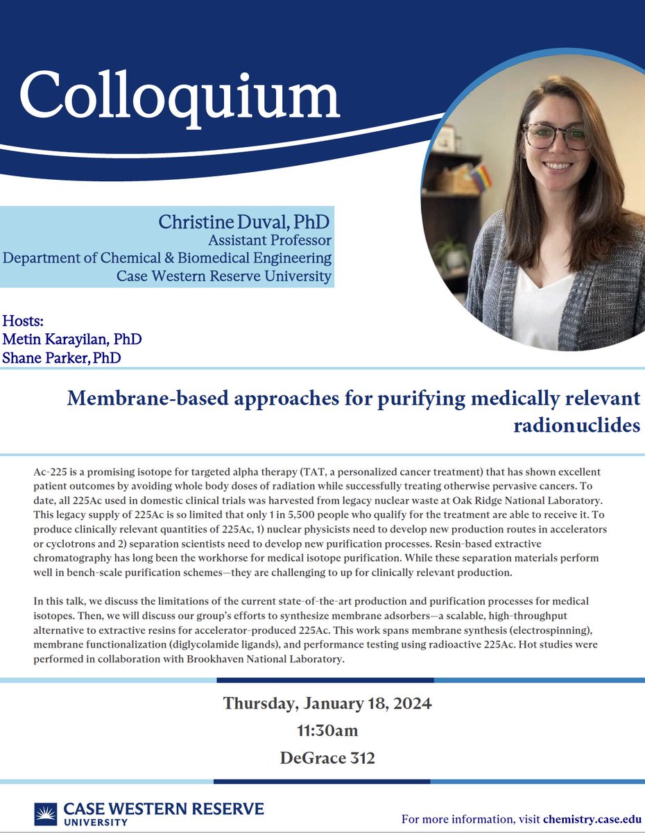 CWRU Chemistry (@cwruchemistry) on Twitter photo We are kicking off CWRU Chemistry Spring 2024 Seminar Series! Dr. Christine Duval <a href="/Duval_Lab/">Christine Duval</a> from
<a href="/CWRU_ChBE/">CWRU Chemical and Biomolecular Engineering</a> will give our first Colloquium Lecture of the semester on Thursday, 1/18 at 11:30 am in DeGrace 312. <a href="/CWRUartsci/">CWRU art|sci</a> <a href="/cwru/">Case Western Reserve</a> We are kicking off CWRU Chemistry Spring 2024 Seminar Series! Dr. Christine Duval <a href="/Duval_Lab/">Christine Duval</a> from
<a href="/CWRU_ChBE/">CWRU Chemical and Biomolecular Engineering</a> will give our first Colloquium Lecture of the semester on Thursday, 1/18 at 11:30 am in DeGrace 312. <a href="/CWRUartsci/">CWRU art|sci</a> <a href="/cwru/">Case Western Reserve</a>