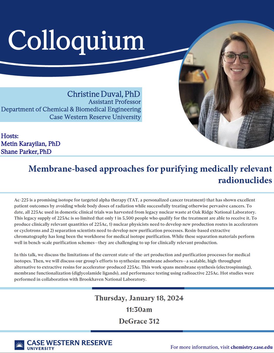 We are kicking off CWRU Chemistry Spring 2024 Seminar Series! Dr. Christine Duval @Duval_Lab from @CWRU_ChBE will give our first Colloquium Lecture of the semester on Thursday, 1/18 at 11:30 am in DeGrace 312. @CWRUartsci @cwru