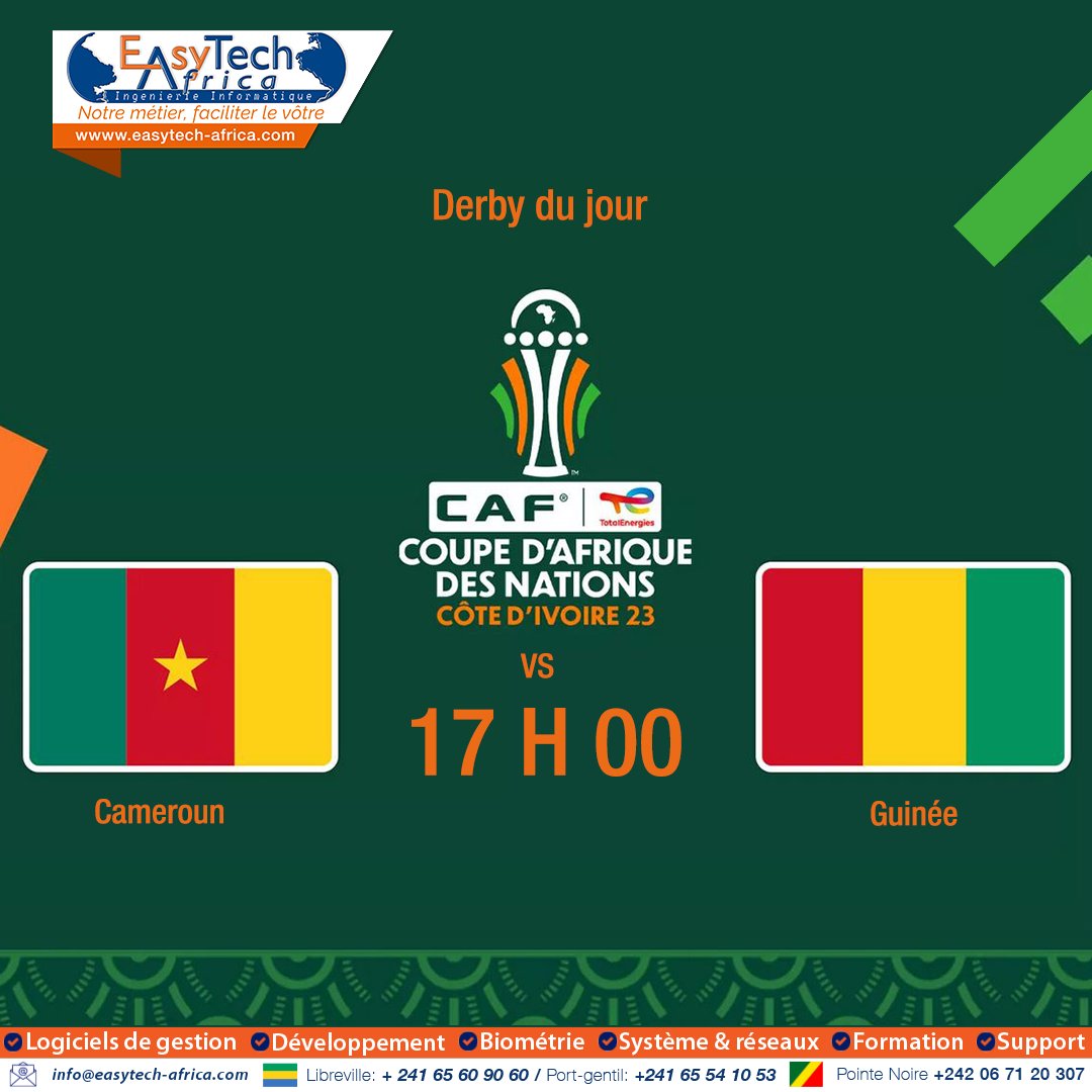 Pour terminer votre journée en beauté, ne ratez pas dans quelques instants le derby du jour.
 #EasytechAfrica  soutient et parie sur  les Lions indomptables du #Cameroun 
C'est la #Cemac qui gagne💪 
#Can2024