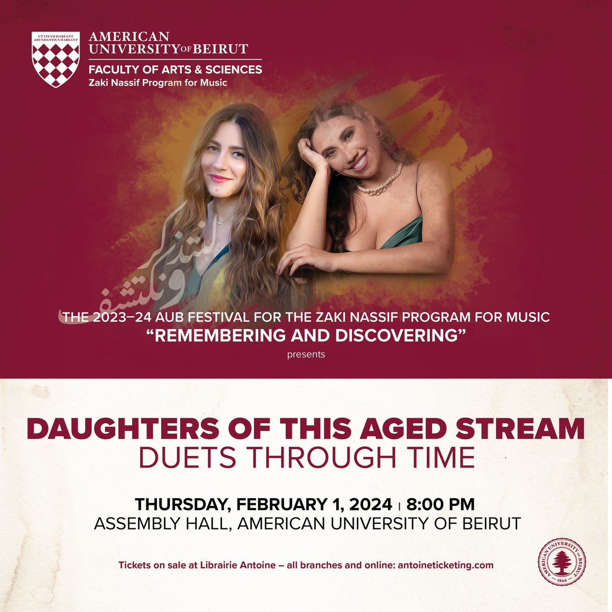 AUB_Lebanon's tweet photo. Join us on Feb. 1, 2024, at 8:00 PM, in AUB Assembly Hall, for "Daughters of This Aged Stream - Duets Through Time" concert. Tickets sold at Librairie Antoine.
https://t.co/9NZbDIDK1B
#ZakiNassifProgram #AUBVibes https://t.co/12ErjGmEkz