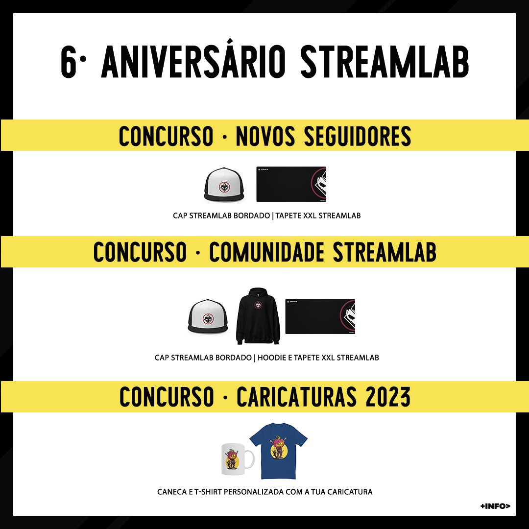 streamlab's tweet photo. 🔥 CONCURSOS STREAMLAB 6º ANIVERSÁRIO! 🔥

Habilita-te a ganhar uma coleção de Merch Early Edition antes da abertura e lançamento da Loja de Merch StreamLab® !

Links para Participar:
Concurso Novos-Seguidores:
https://t.co/5IGLd1YLon

Concurso Viewers-StreamLab:
https://t.co/mUi4pfDREO

Segue os passos do Gleam e boa sorte!

Concurso "A tua Caricatura": (Última Imagem)
Vence a Caricatura de 2023 mais likes no insta (1 de Fevereiro)