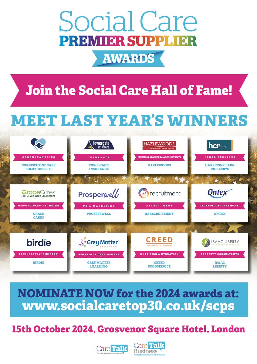 Join the HALL OF FAME!

Nominations now open for the Social Care Premier Supplier Awards 2024

bit.ly/3O2R2km

Recognising excellence in suppliers to #socialcare

#ThankYouSocialCare