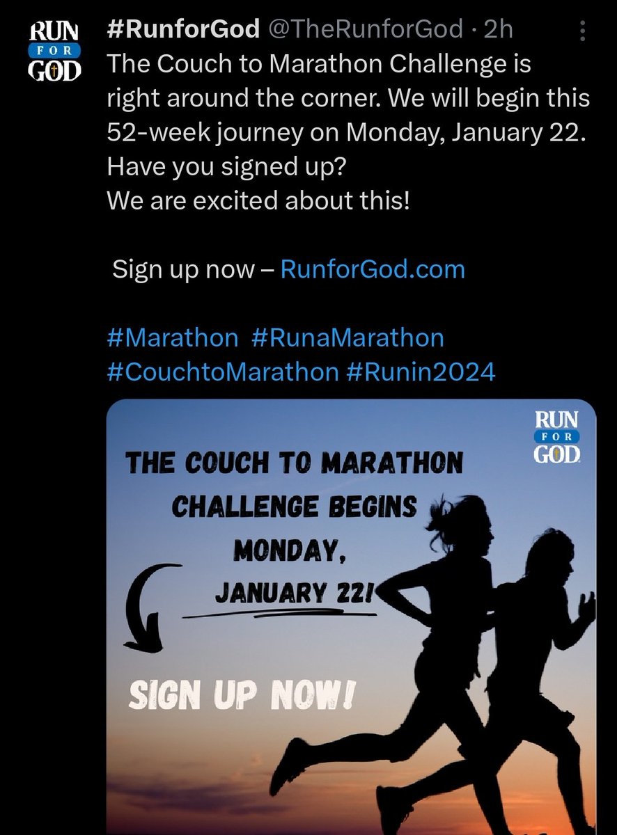 RevBruceJ1's tweet image. A week from today you can join a faith and fitness challenge that can strengthen your chances of running a marathon.
#runforGod
#running
#challenge