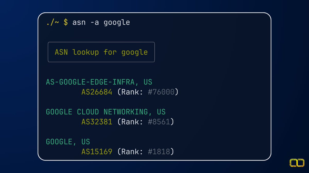 TheCyberCoop's tweet photo. How to look up the ASN of an organization from the CLI with only the company name! 

Also accepts:
✅ ASN
✅ IPv4 / IPv6
✅ Domain
✅ URL
✅ Prefix

Install asn 🔗 https://t.co/2KSlAo72Il https://t.co/UUAsb2bQFd