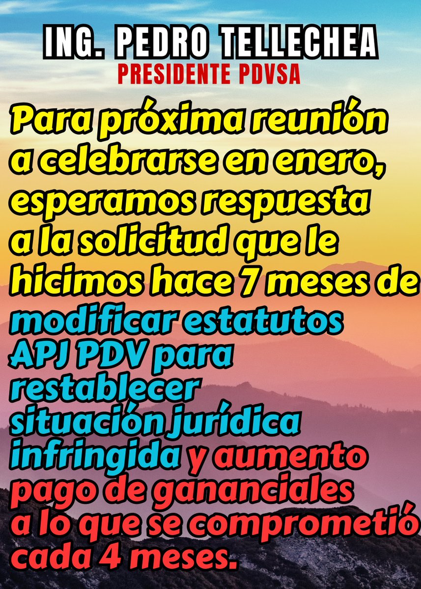 <a href="/TellecheaRuiz/">Rafael Tellechea</a> Ing. <a href="/TellecheaRuiz/">Rafael Tellechea</a>  Presidente <a href="/PDVSA/">PDVSA</a>  y Ministro @MinPetroleoVe
☑️ Atienda nuestros reclamos sobre el fondo de pensiones de los jubilados petroleros, como bien lo hace con los trabajadores activos.

#15Ene #PDVSA #FDP #Venezuela
