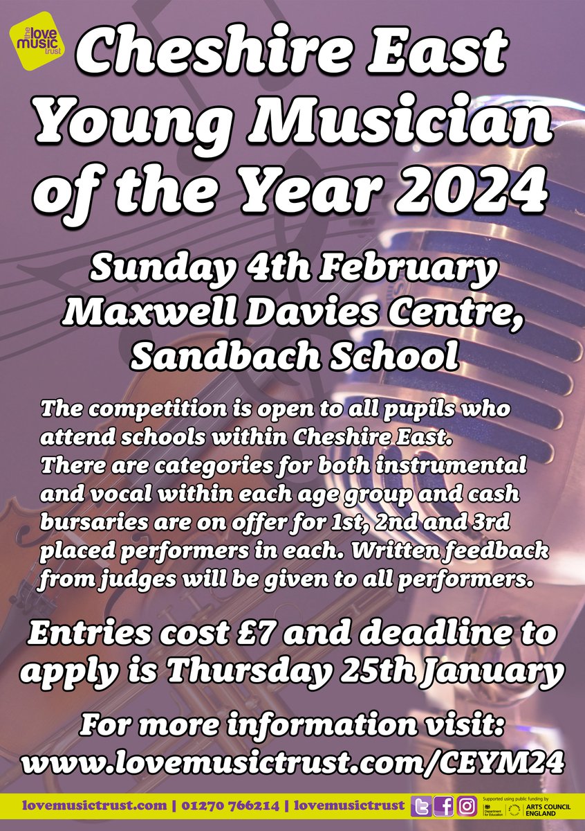 The Cheshire East Young Musician of the Year Competition is back. Don't miss this fantastic opportunity to showcase your musical talent and receive feedback from our esteemed judges! Deadline to apply is Thursday 25th January! To sign up: lovemusictrust.com/ceym24