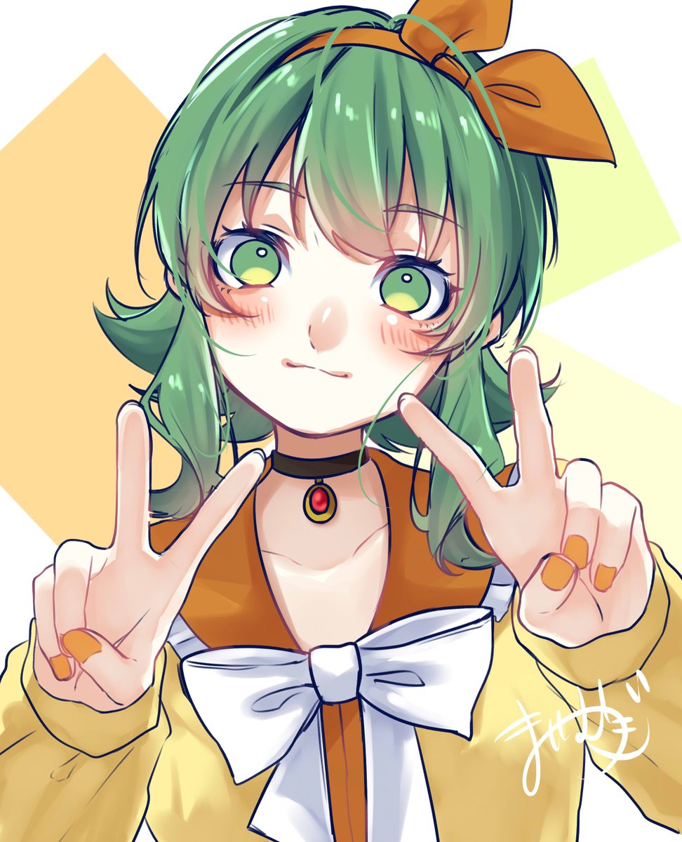 gumi 1girl green hair solo v green eyes double v upper body  illustration images