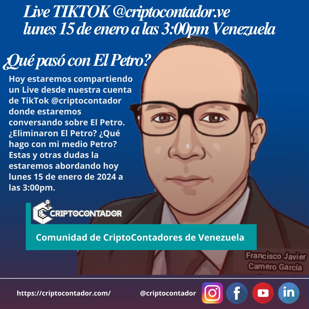 fjcamero's tweet photo. ¿Tienes Petro en la Plataforma Patria y no sabes qué hacer después de las recientes noticias? Te invito a que te conectes hoy a las 3:00pm a nuestro Live en TikTok @criptocontador.ve

#DameTuHash https://t.co/pzZUpk0Uhs