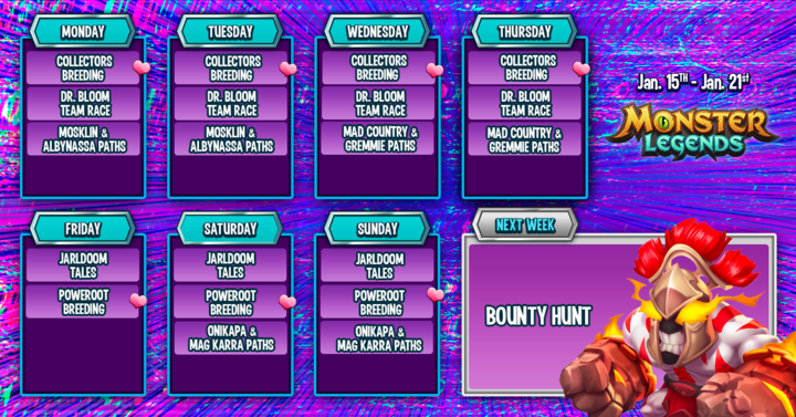 Monster_Legends's tweet photo. There's no way Blue Monday can get to you with this fantastic week of events ahead, Monster Masters! 😉 Get those spirits up and keep 'em up there, because next week is Bounty Hunt week! 🤩 https://t.co/7dCz66Bgkr