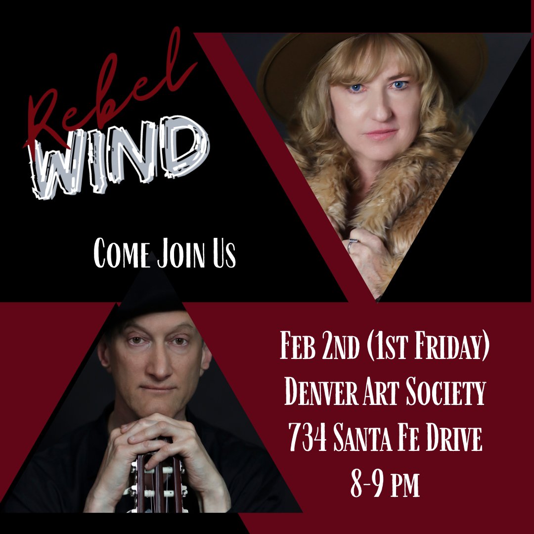 Come Join us at the Denver Art Society, Feb. 2nd. from 8-9.  YES WE ARE PLAYING IN DENVER!!!. #angelaperrymusic #rebelwind #artist #creator #Denverartsociety #shattercane #singersongwriter #singer #1stfriday #denver #Joinus #wearerebelwind