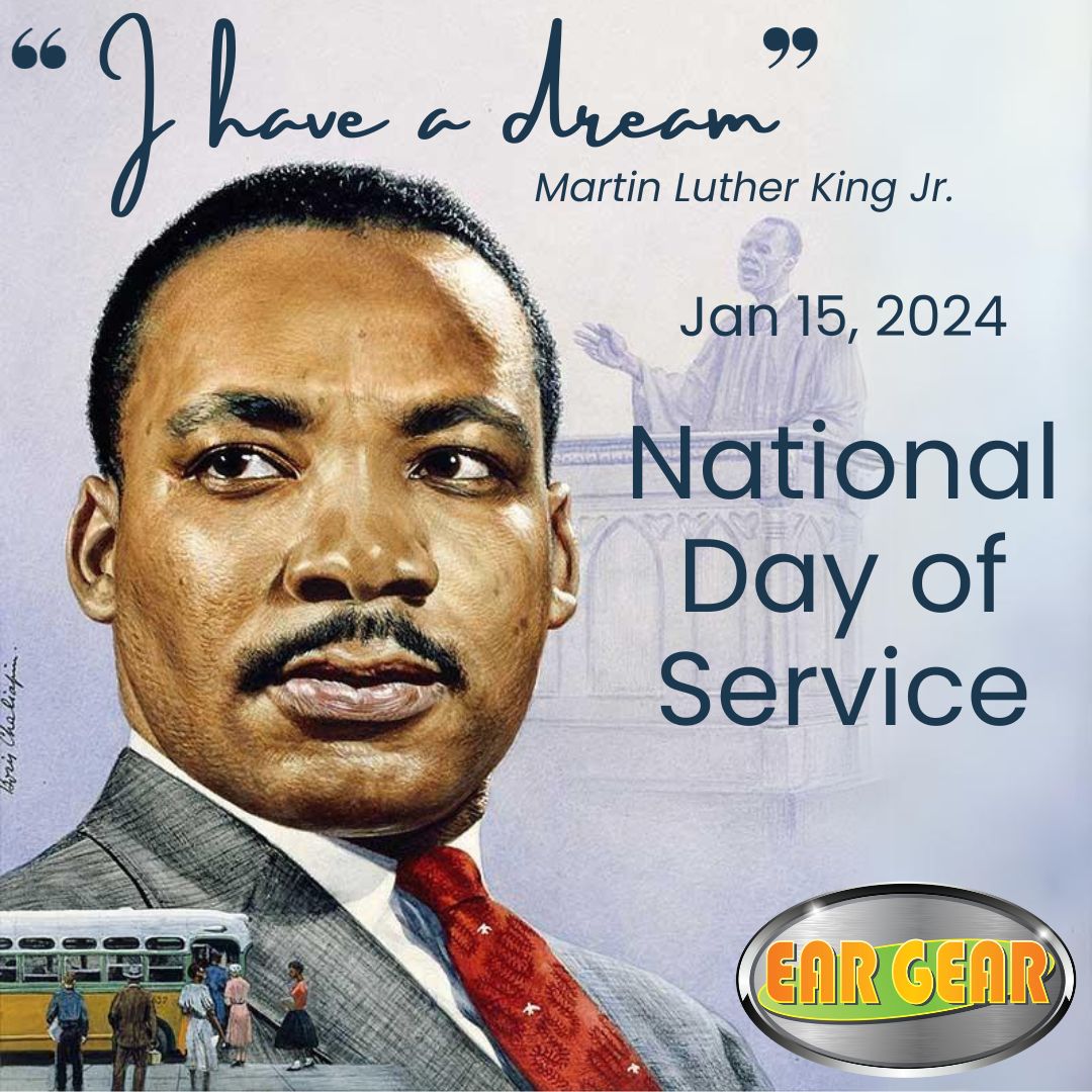 EarGearHearing's tweet photo. Today marks the Annual Martin Luther King #DayofService. Americans across their country will join today, honoring his legacy in service to others. 
"Everybody can be great, because everybody can serve." 

#MLKDay #eargear #IHaveADream #MartinLutherKingJr #civilrights #equality https://t.co/UODmhTjpoK