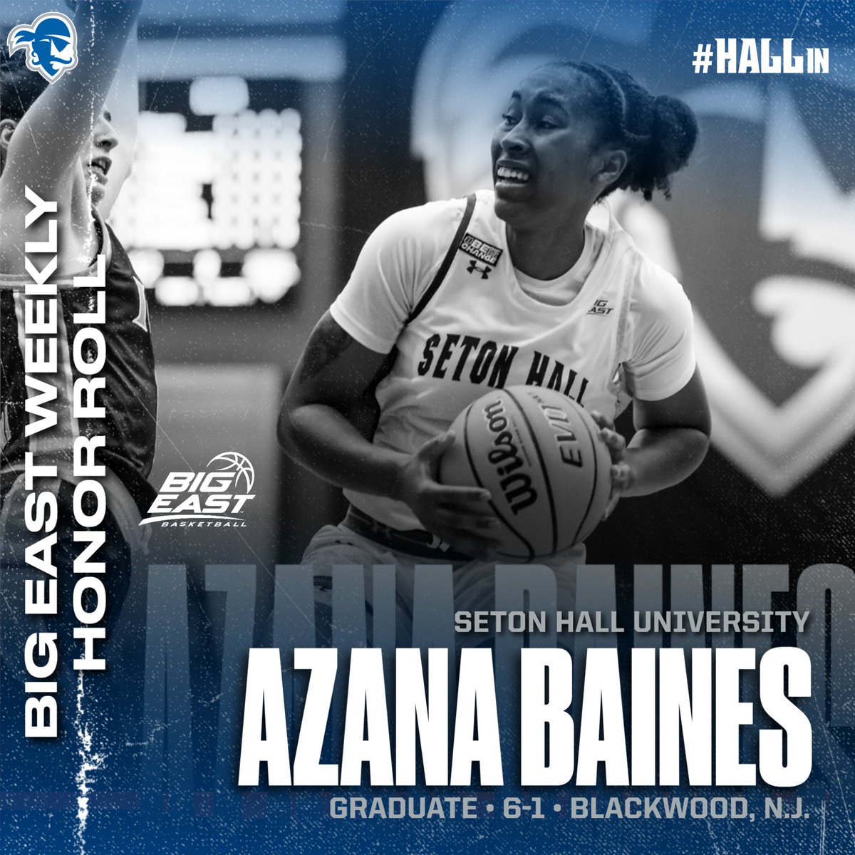 SHUWBB's tweet image. Congratulations to Azana Baines on being named to the BIG EAST Weekly Honor Roll for the fifth time this season!!  #HALLin 🏀🏴‍☠️🔵⚪