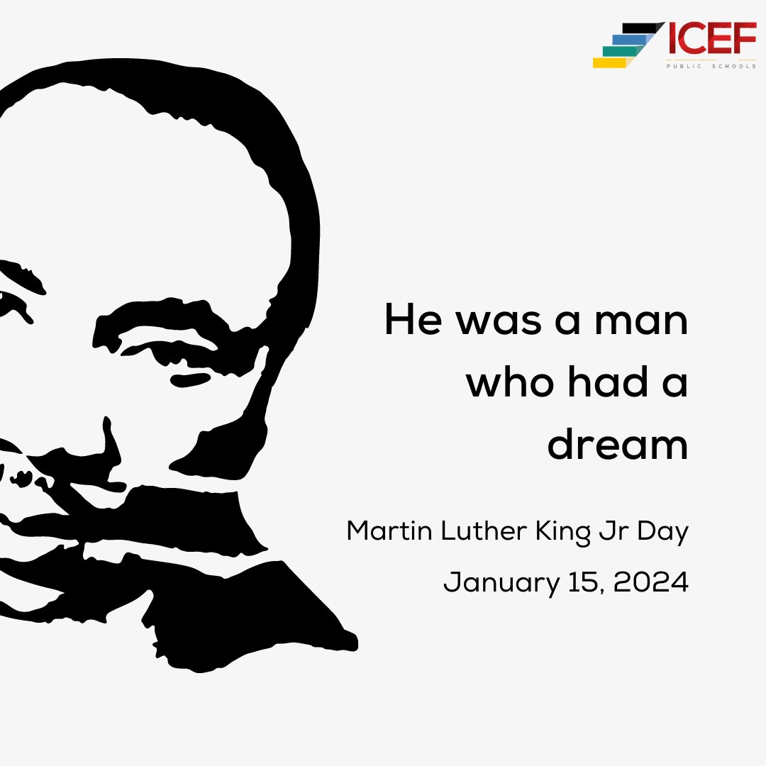ICEFschools's tweet photo. Today, and everyday, we honor Dr. Martin Luther King Jr. for his integral role in advancing civil rights and human rights across the globe.🤝 School resumes on Tuesday 1/16/2024 - let's keep the momentum of MLK Day going and work towards making our world a better place. https://t.co/1OLqke40SW