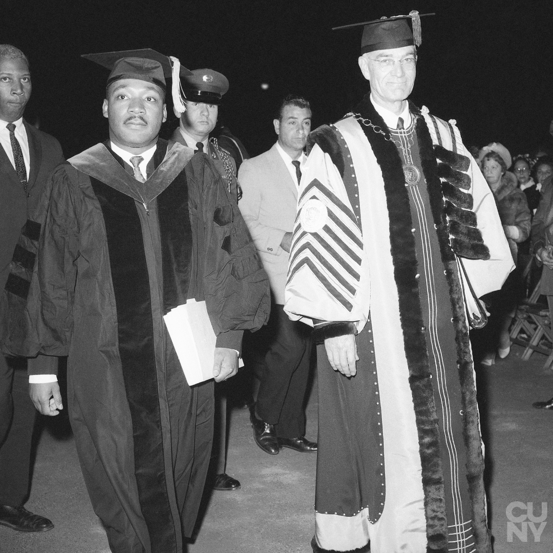 'No nation or individual can live alone in the modern world. We must all learn to live together as brothers or we will all perish together as fools.' Martin Luther King Jr. with Dr. Buell G. Gallagher at City College commencement on June 12, 1963. #MLKDay