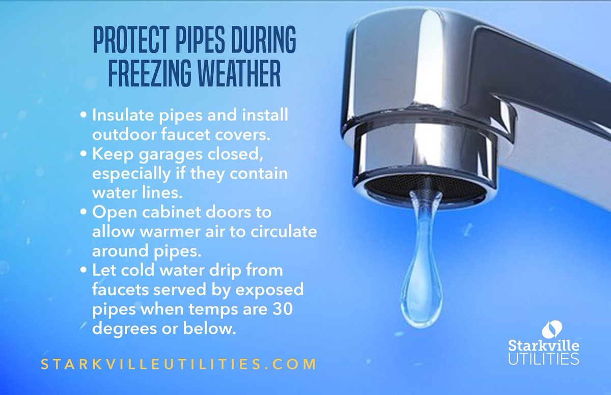 ⚠️Dangerous cold and wind chills are expected this week⚠️

With long durations below freezing, impacts to water main systems and pipes is likely. Follow these tips to avoid issues ⬇️ Read more HERE: starkvilleutilities.com/news/01112024.…