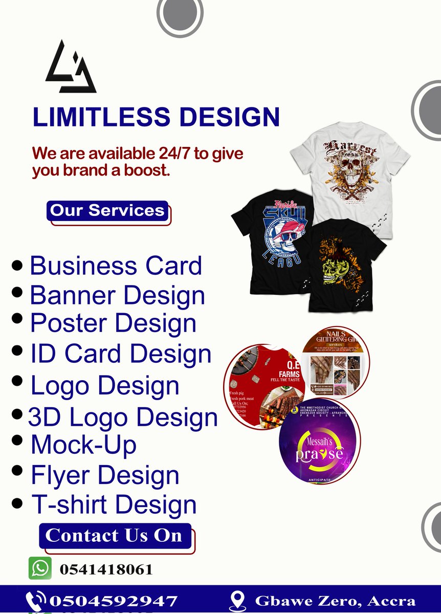 LimitlesDesign_'s tweet image. Official flyer design of Limitless Design Ltd, Locate us at Gbawe- Accra, Ghana 🇬🇭 
Contact us at:
📞 +233 (0)50 459 2947
📱Whatsapp: +233 (0)54 141 8061
📱Twitter X: @LimitlesDesign_ 
📱 Instagram: @Emman_nuelcudjoe001

Thank you!!🙏💙
#GraphicDesign #3Dlogo #Monogramdesign