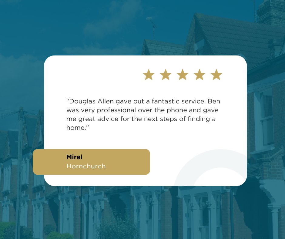 Thank you, Mirel, for leaving this excellent review for our agent, Ben, in Hornchurch! 🌟

Looking for some advice on finding your next home? Get in touch with our team today:
👉 ow.ly/gf6q50QqVBL

#DouglasAllen #EstateAgents #Essex #Hornchurch #PropertyAdvice