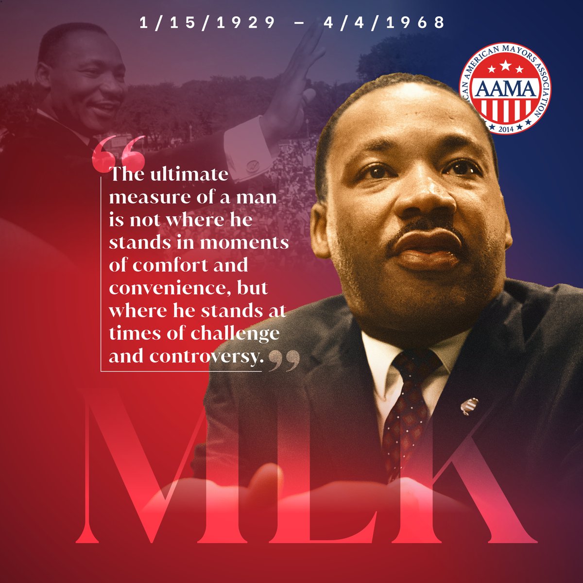 OurMayors's tweet photo. The African American Mayor's Association (AAMA) exclusively represents African-American mayors in the United States. Our organization exists to empower local leaders for the benefit of their citizens. This wouldn't be possible without the leadership of Martin Luther King Jr. https://t.co/khABxQUOjU
