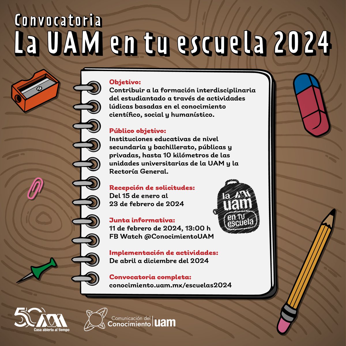 ¡Ya se publicó la convocatoria: La UAM en tu Escuela 2024!
.
🗓️ Reunión informativa: FEBRERO 11, 13:00 HRS.
🗓️ Recepción de solicitudes: HASTA FEBRERO 23
🌐 Más información: conocimiento.uam.mx/escuelas2024
▶️ Invita: <a href="/ConocimientoUAM/">Comunicación del Conocimiento UAM</a> 
.
#UAM #SoyUAM #ConvocatoriaUAM #UAMDinámica