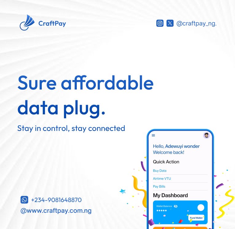 craftpay_ng's tweet photo. Stay in control, stay connected!!!

https://t.co/US0qGlSVZX

#databundle #VTU #data https://t.co/QntlFLoEQl