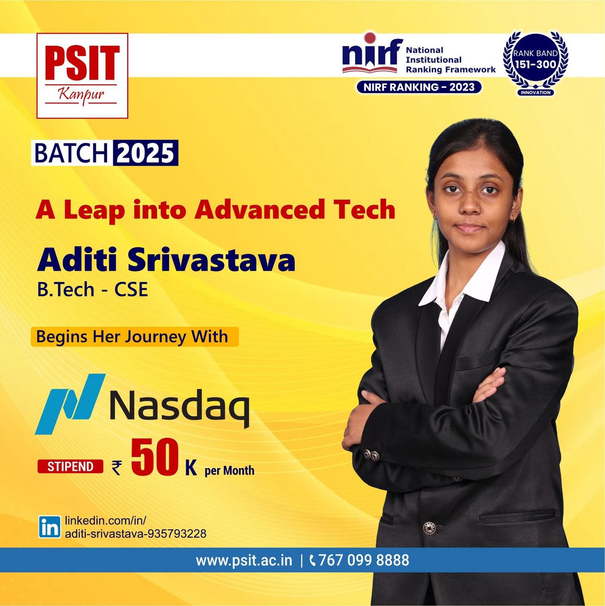 PSITKanpur2004's tweet image. We&apos;re happy to announce yet another remarkable achievement from our 2025 batch!  

#BestInternships #incredibleinternships #batch2025 #EraOfAchievers #PSITLegacy #Student #Success #NasdaqCorporateSolutions #btech #aktu #PSITKanpur