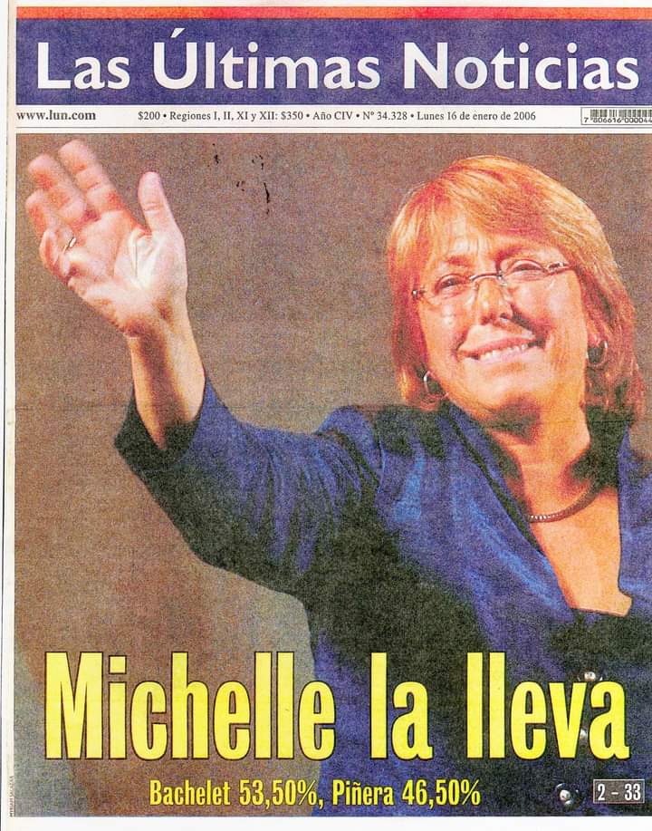 15 de enero de 2006, Michelle Bachelet es elegida como la primera mujer presidenta de la historia de Chile.