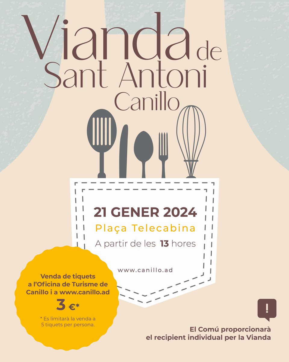 canillo_andorra's tweet photo. Aquest diumenge dia 21 celebrarem la tradicional cita de la vianda de Sant Antoni. 

Ja podeu adquirir els tiquets a l’Oficina de Turisme o a https://t.co/hB11M29Nph 

Ens trobem a les 13h a la plaça del telecabina 👨🏽‍🍳👩🏼‍🍳 https://t.co/DAYTg6vt52