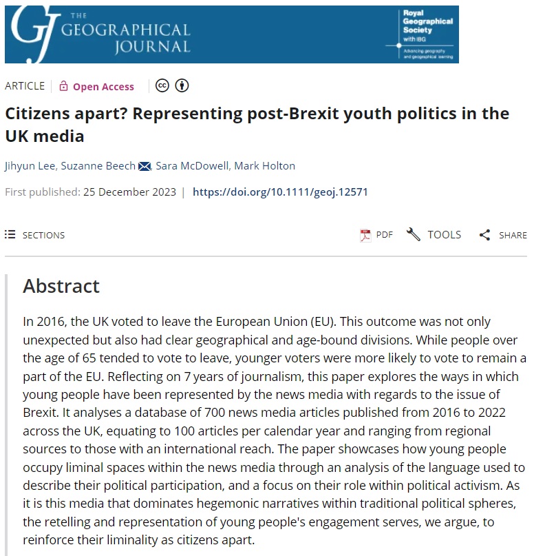 geogjournal's tweet photo. 🚨New paper published in The #GJ by Jihyun Lee, @SuzanneEBeech, Sara McDowell (@UlsterUniGES), and @markjwholton (@PlymGeog):

'Citizens apart? Representing post-Brexit youth politics in the UK media.' #OpenAccess 

https://t.co/BkvI0DJcHD https://t.co/cAqkdOZzJM