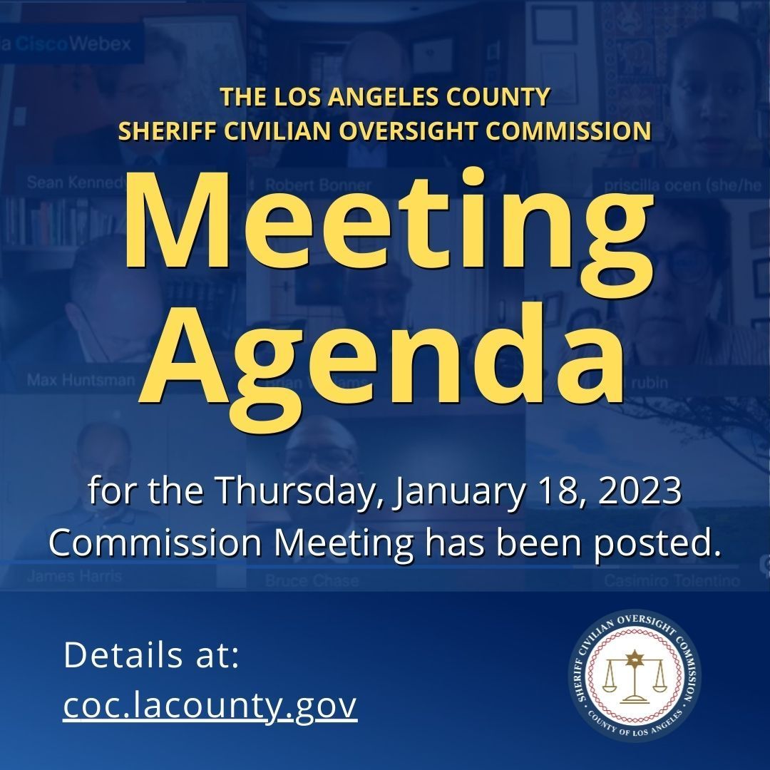 Check out the agenda for Thursday's @LACountyCOC meeting. We'll discuss: - Tactical plan of goals & priorities - @LASDHQ budget - LASD Jail Conditions - & more Attend: 1. In person at St. Anne's 2. Online: bit.ly/3TvLMt7 Agenda: bit.ly/3SgxeMO