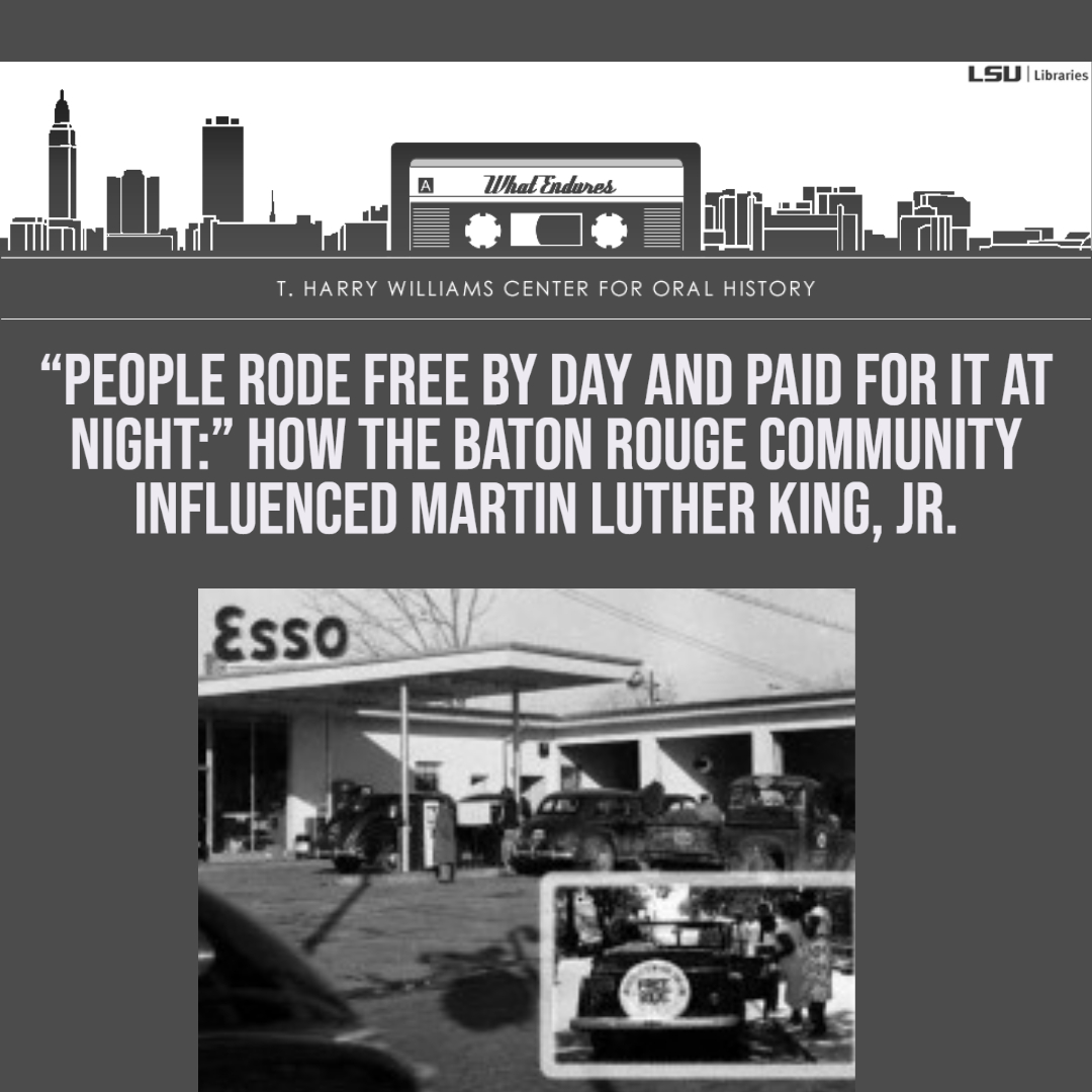 Happy #MLKDay! #DYK in 1956, Dr. King visited Baton Rouge to learn about the 1953 bus boycott in which Black residents refused public transportation? This #LSU Libraries' Center for Oral History  podcast explores local activism's role in King's successes: ow.ly/9pyi50Qqabt